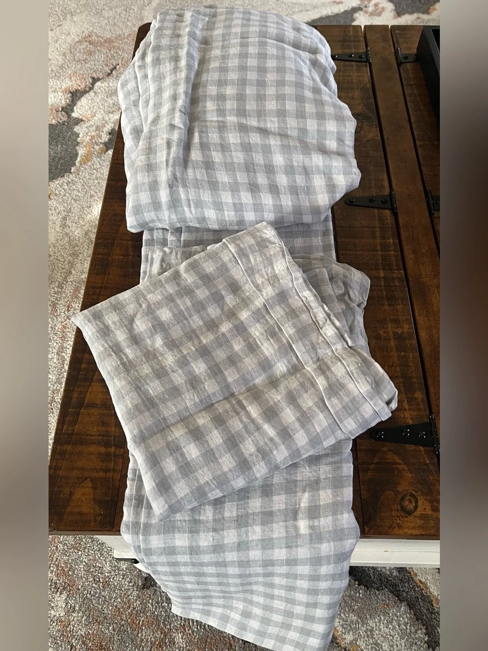 NWT Quince European Linen Gingham 4 Pc Sheet Set, King (Blue Fog)
